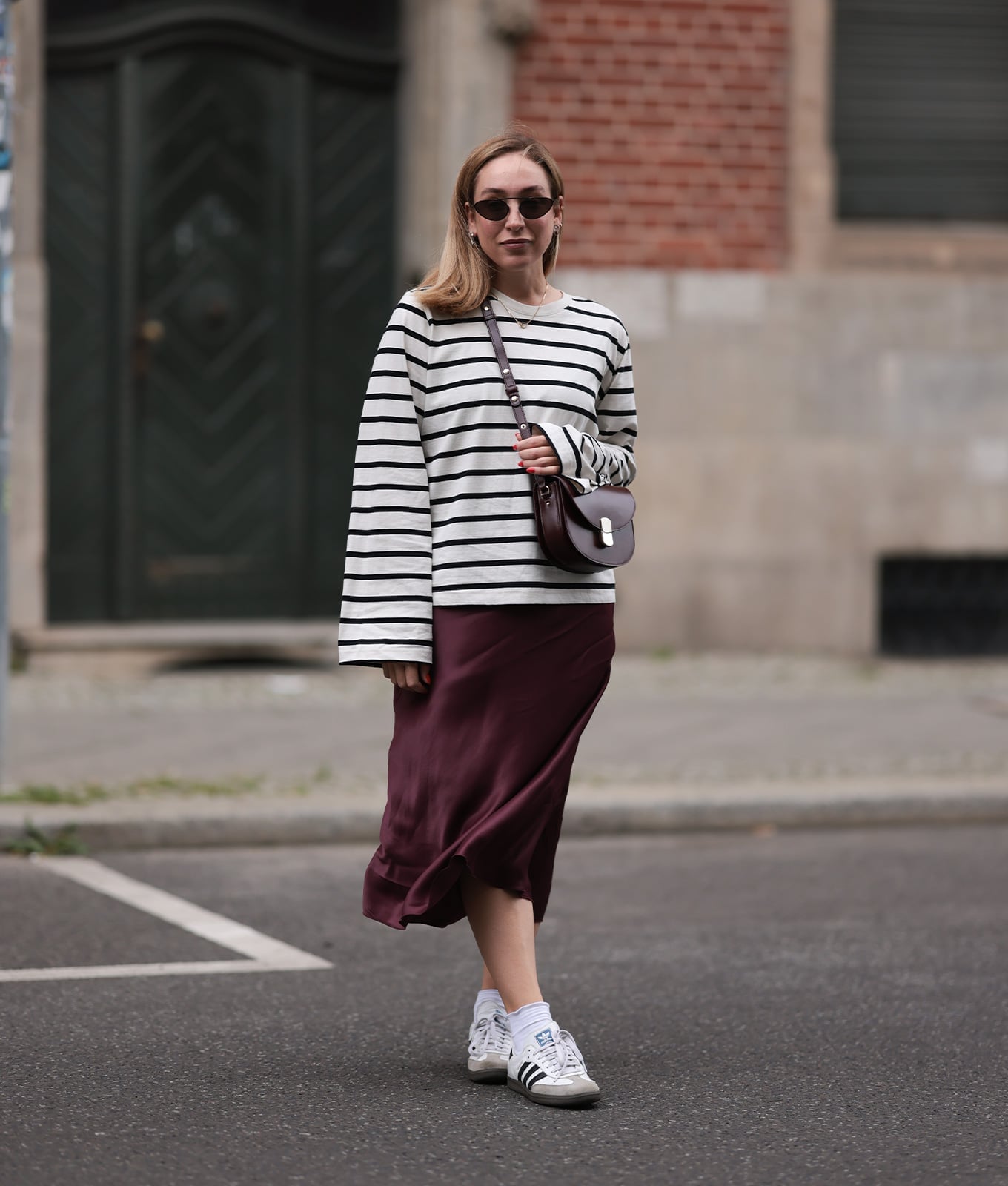 Burgundy Silk A-line Skirt with a Striped Long-Sleeve Top Burgundy Silk A-line Skirt with a Striped Long-Sleeve Top — Classy Silk Skirt Outfit