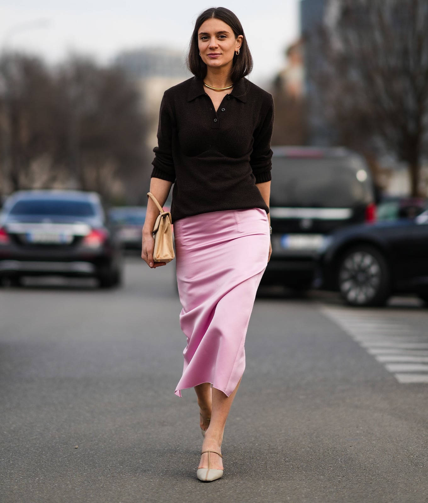 Vibrant Pink Satin Midi Skirt with a Brown Collared Knit Top Vibrant Pink Satin Midi Skirt with a Brown Collared Knit Top — Classy Silk Skirt Outfit