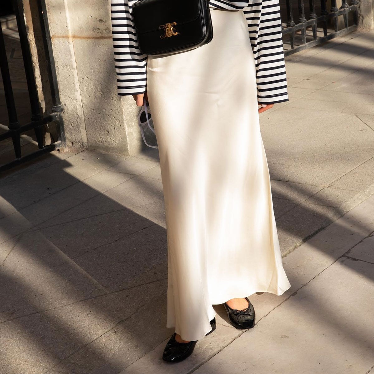 Cream Satin Maxi Skirt with a Striped Long-Sleeve Top Cream Satin Maxi Skirt with a Striped Long-Sleeve Top — Classy Silk Skirt Outfit