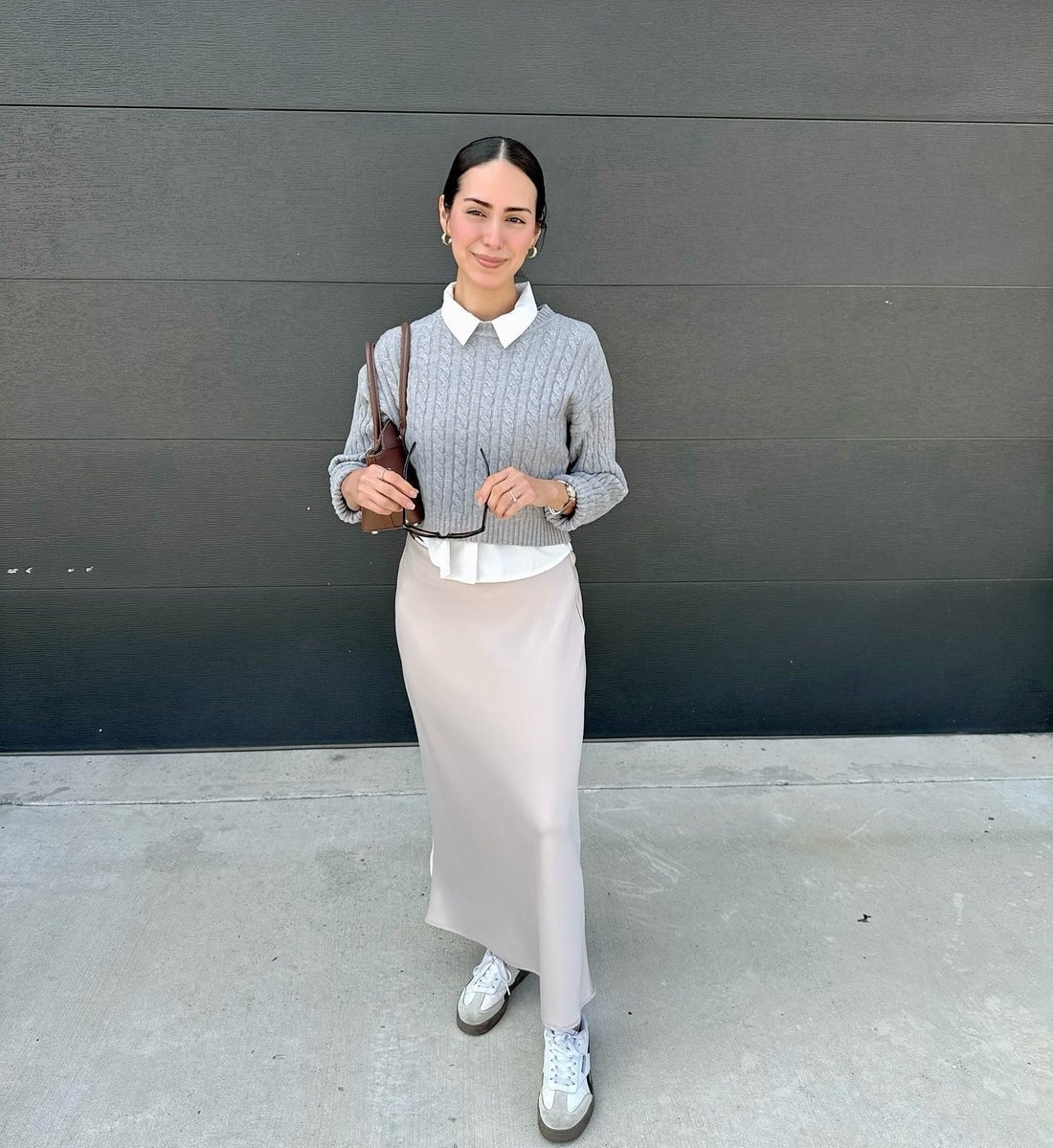 Beige Satin Midi Skirt with Layered Knitwear Over a Collared Shirt Beige Satin Midi Skirt with Layered Knitwear Over a Collared Shirt — Classy Silk Skirt Outfit