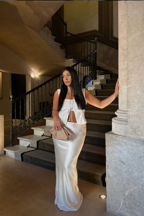Ivory Satin Column Skirt with a White Lace-Trimmed Top Ivory Satin Column Skirt with a White Lace-Trimmed Top — Classy Silk Skirt Outfit