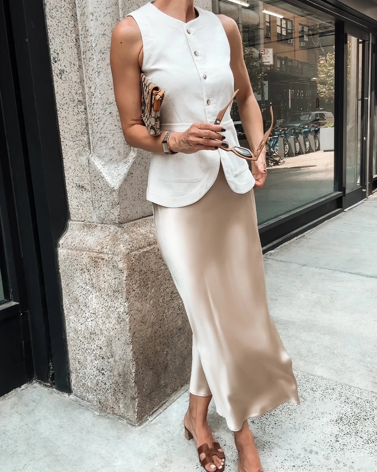 Beige Silk Satin Column Skirt with a White Woven Vest Beige Silk Satin Column Skirt with a White Woven Vest — Classy Silk Skirt Outfit