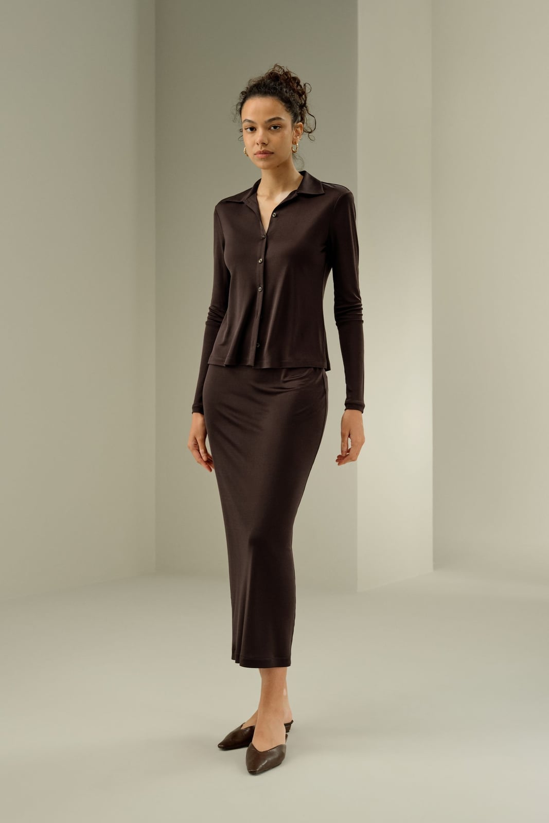 Dark Brown Satin Column Skirt with a Matching Collared Shirt Dark Brown Satin Column Skirt with a Matching Collared Shirt — Classy Silk Skirt Outfit