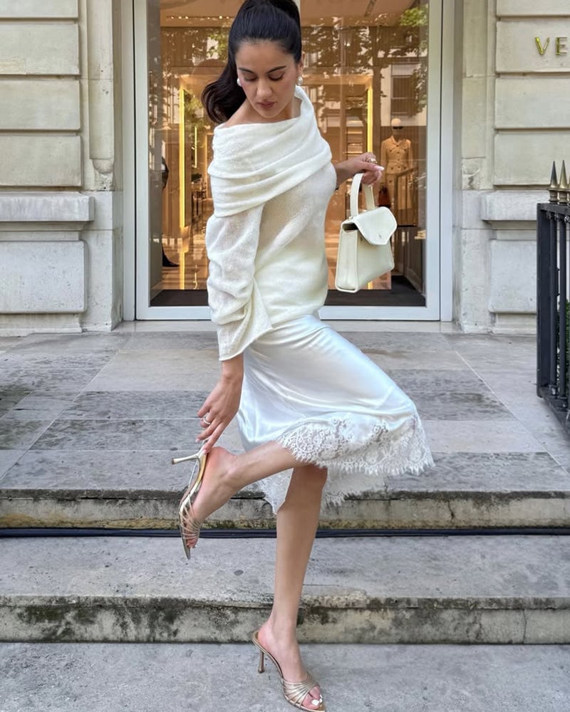 Ivory Silk Midi Skirt with Lace Trim and an Off-The-Shoulder Knit Ivory Silk Midi Skirt with Lace Trim and an Off-The-Shoulder Knit — Classy Silk Skirt Outfit