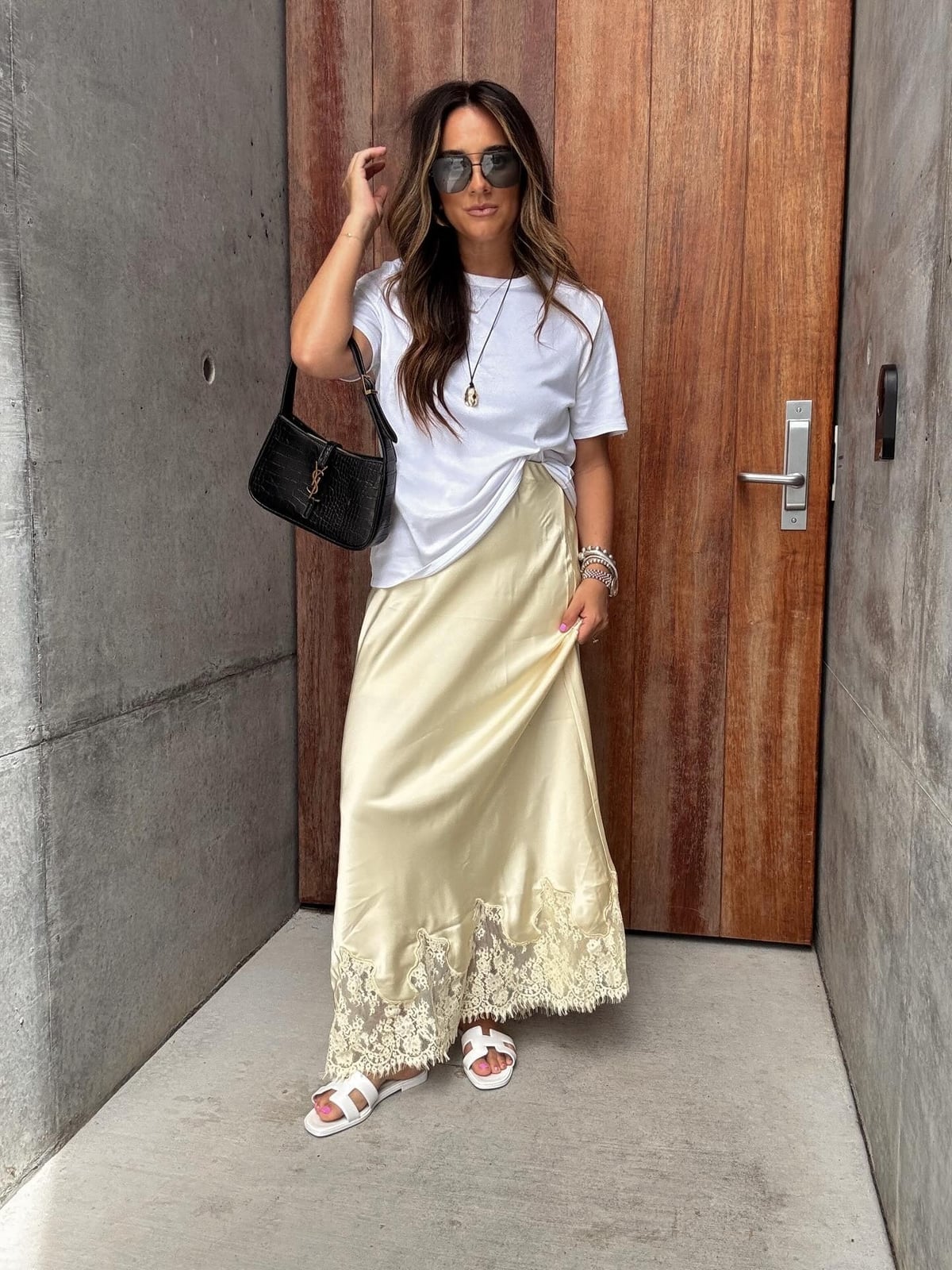 Pale Yellow Satin Midi Skirt with Lace Trim and a White T-Shirt Pale Yellow Satin Midi Skirt with Lace Trim and a White T-Shirt — Classy Silk Skirt Outfit