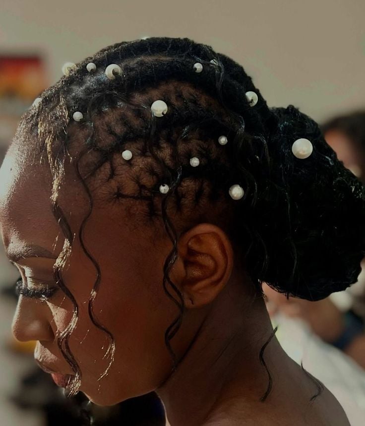 Mid-Back Black Updo With Scattered Pearls Mid-Back Black Updo With Scattered Pearls — Classy Sister Locs