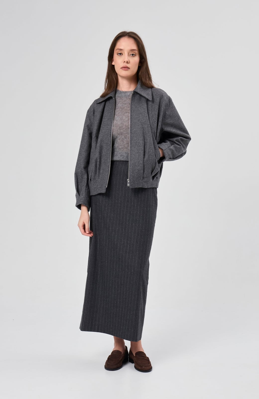 Pinstripe Maxi Skirt With Marled Sweater Pinstripe Maxi Skirt With Marled Sweater — Classy Skirt Outfit Work