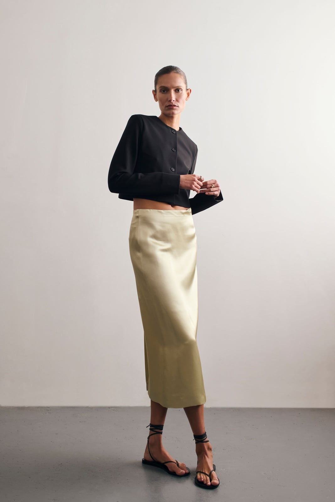 Satin Midi Skirt With Cropped Jacket Satin Midi Skirt With Cropped Jacket — Classy Skirt Outfit Work