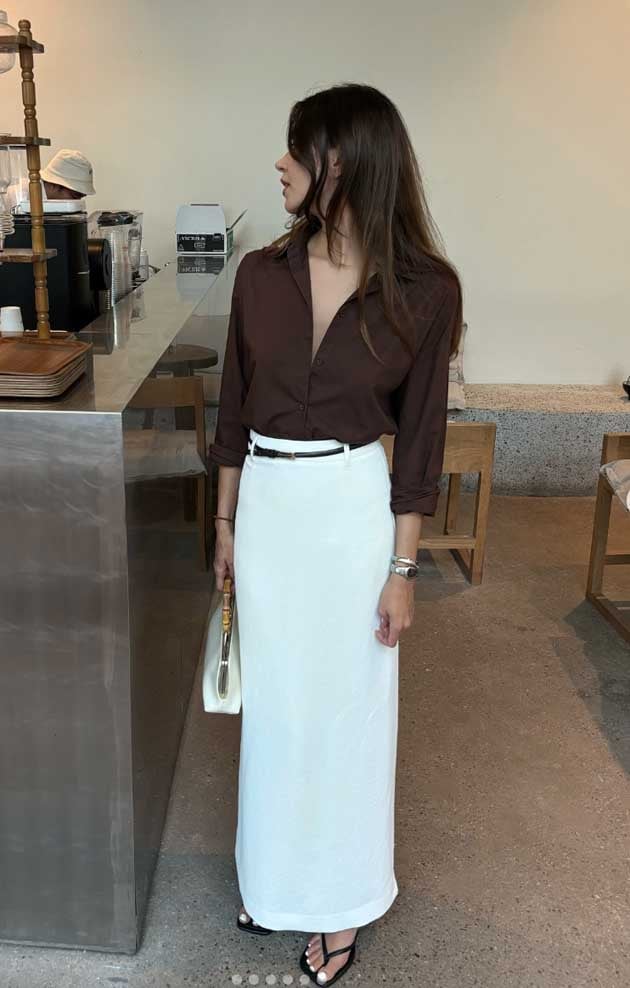 Long Linen Skirt With Button-Up Shirt Long Linen Skirt With Button-Up Shirt — Classy Skirt Outfit Work