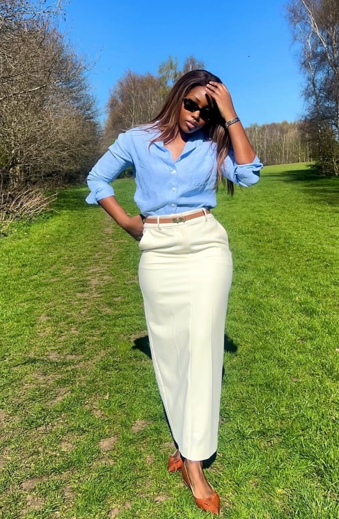Cream Maxi Skirt With Light Blue Shirt Cream Maxi Skirt With Light Blue Shirt — Classy Skirt Outfit Work