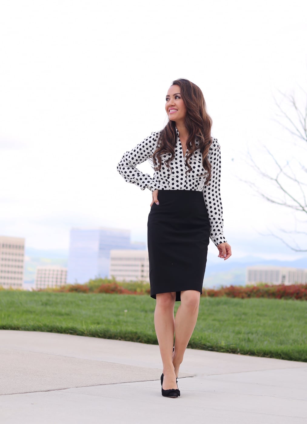Pencil Skirt With Polka Dot Blouse Pencil Skirt With Polka Dot Blouse — Classy Skirt Outfit Work