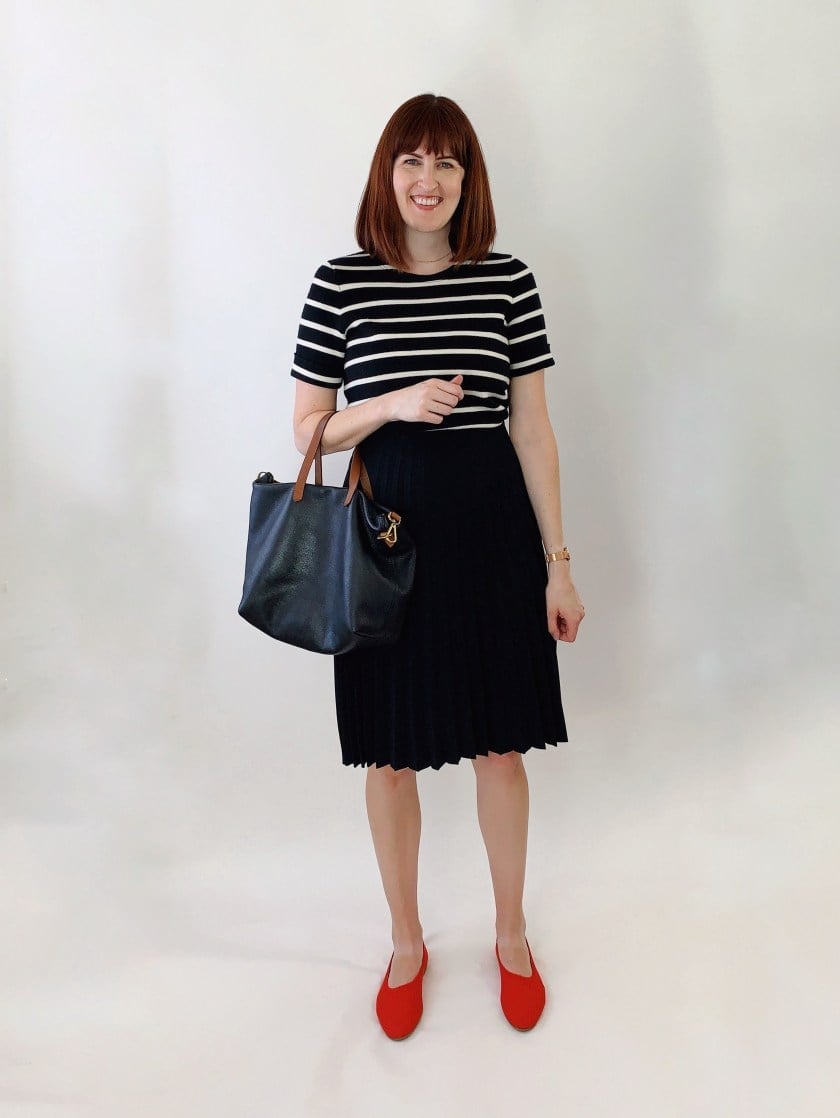 Pleated A-Line Skirt With Striped Top Pleated A-Line Skirt With Striped Top — Classy Skirt Outfit Work