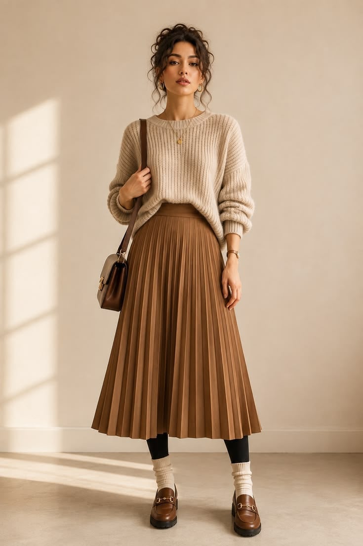 Brown Pleated Midi Skirt With Ribbed Sweater Brown Pleated Midi Skirt With Ribbed Sweater — Classy Skirt Outfit Work