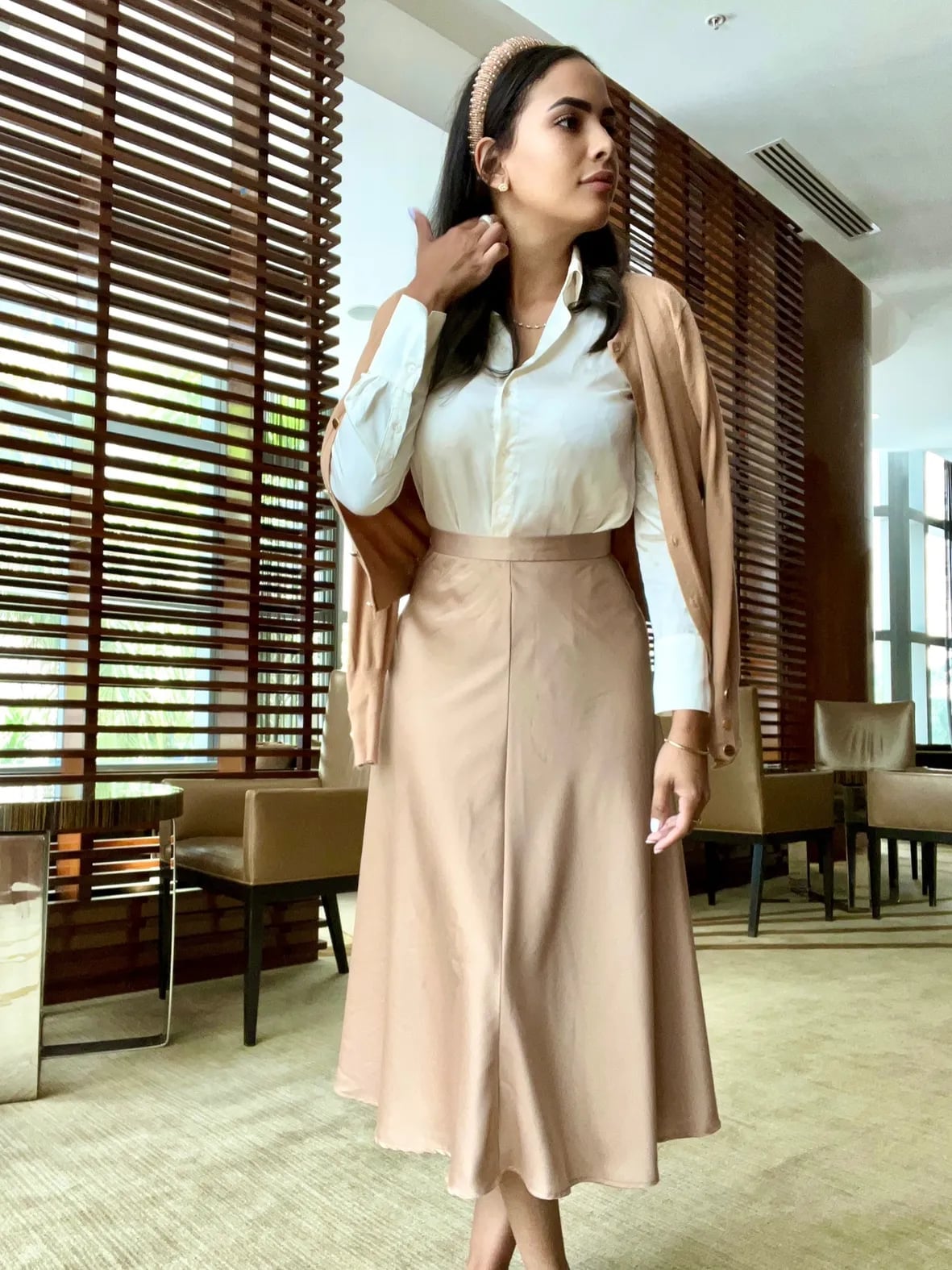 Satin Midi Skirt With Cardigan Satin Midi Skirt With Cardigan — Classy Skirt Outfit Work