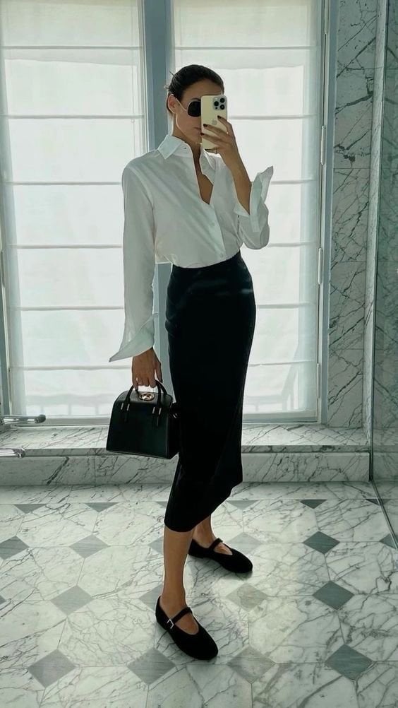 Classic Black Pencil Skirt and White Blouse Classic Black Pencil Skirt and White Blouse — Classy Skirt Outfit Work
