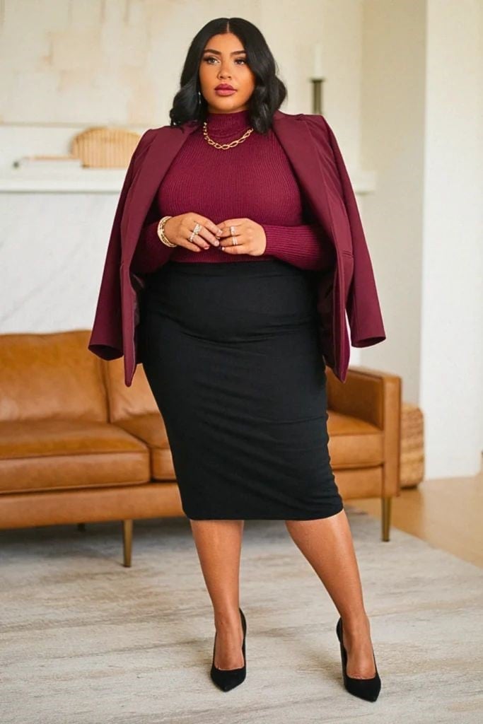 Fitted Pencil Skirt With Turtleneck and Blazer Fitted Pencil Skirt With Turtleneck and Blazer — Classy Skirt Outfit Work