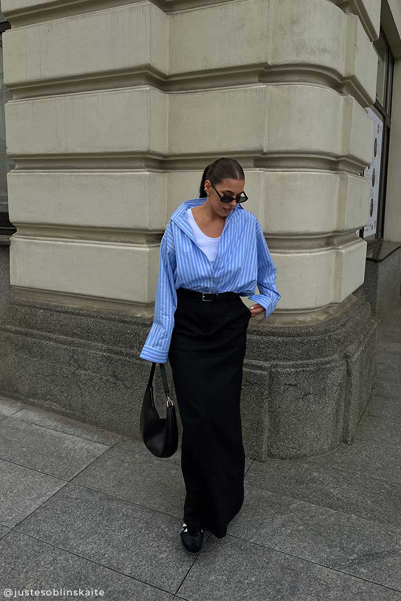 Black Maxi Skirt With Striped Oversized Shirt Black Maxi Skirt With Striped Oversized Shirt — Classy Skirt Outfit Work