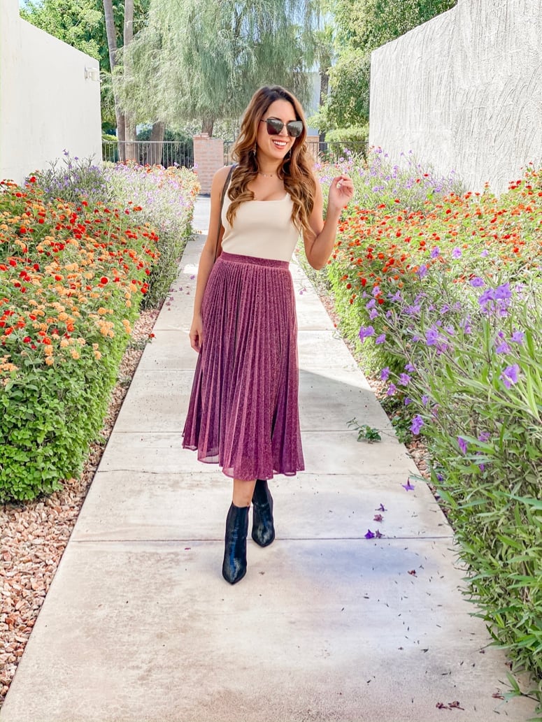 Purple Metallic Pleated Midi Skirt With Camisole Purple Metallic Pleated Midi Skirt With Camisole — Classy Skirt Outfits