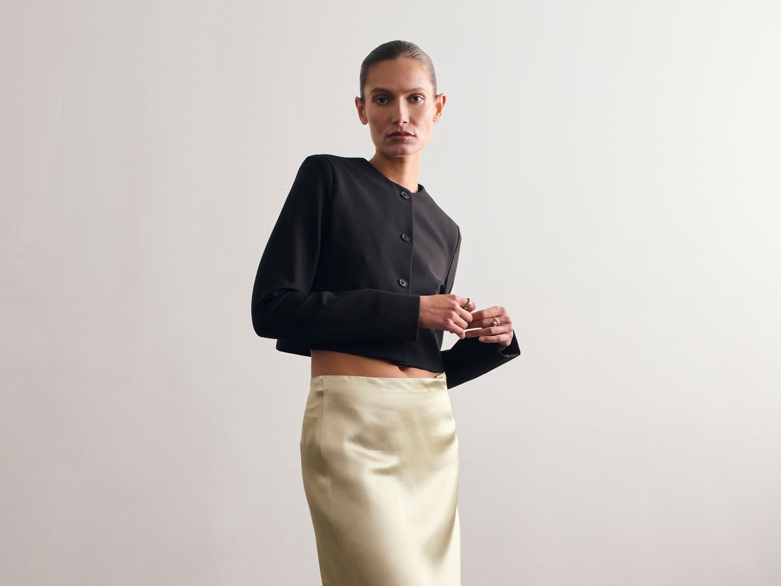 Champagne Satin Midi Skirt With Cropped Jacket Champagne Satin Midi Skirt With Cropped Jacket — Classy Skirt Outfits