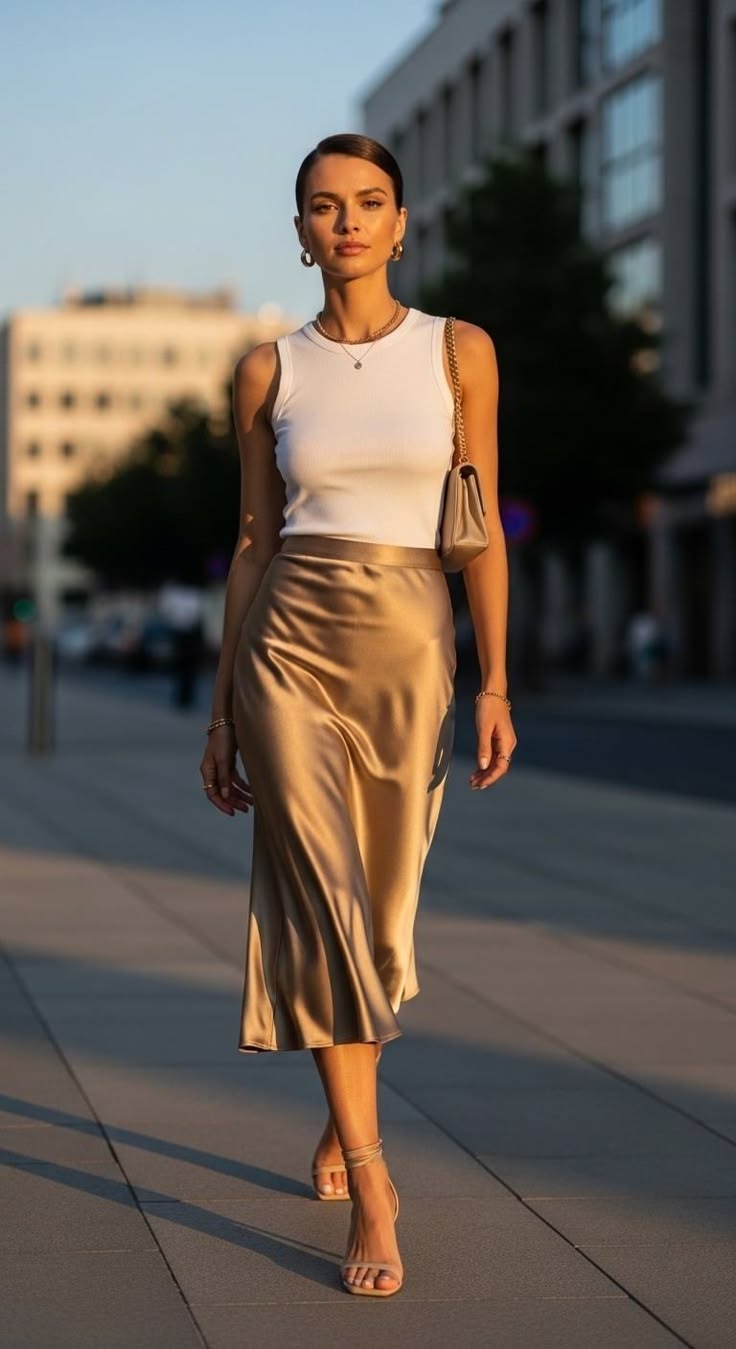 Gold Satin Bias Cut Skirt With a Tank Gold Satin Bias Cut Skirt With a Tank — Classy Skirt Outfits