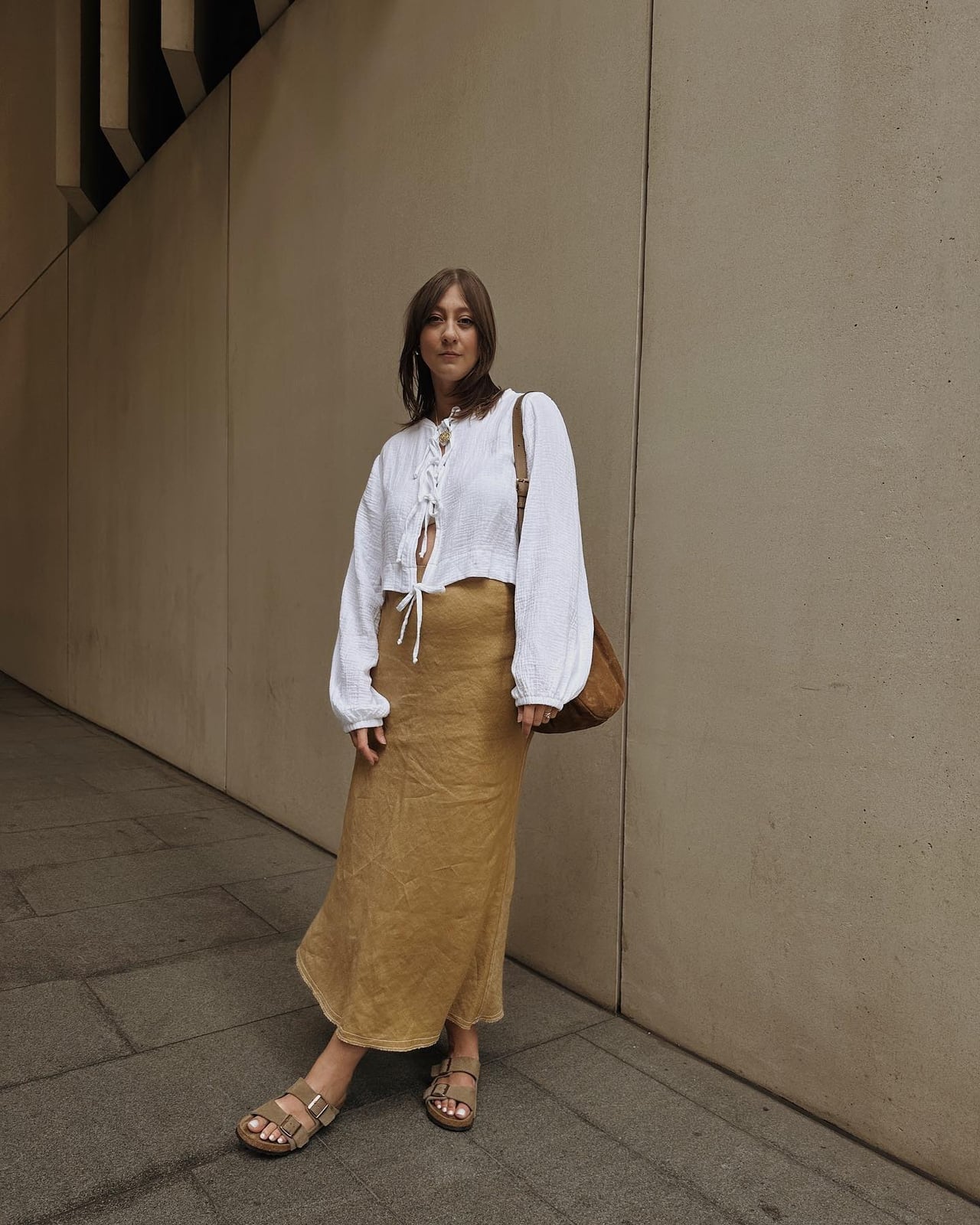 Tan Linen Midi Skirt With Tie-Front Blouse Tan Linen Midi Skirt With Tie-Front Blouse — Classy Skirt Outfits