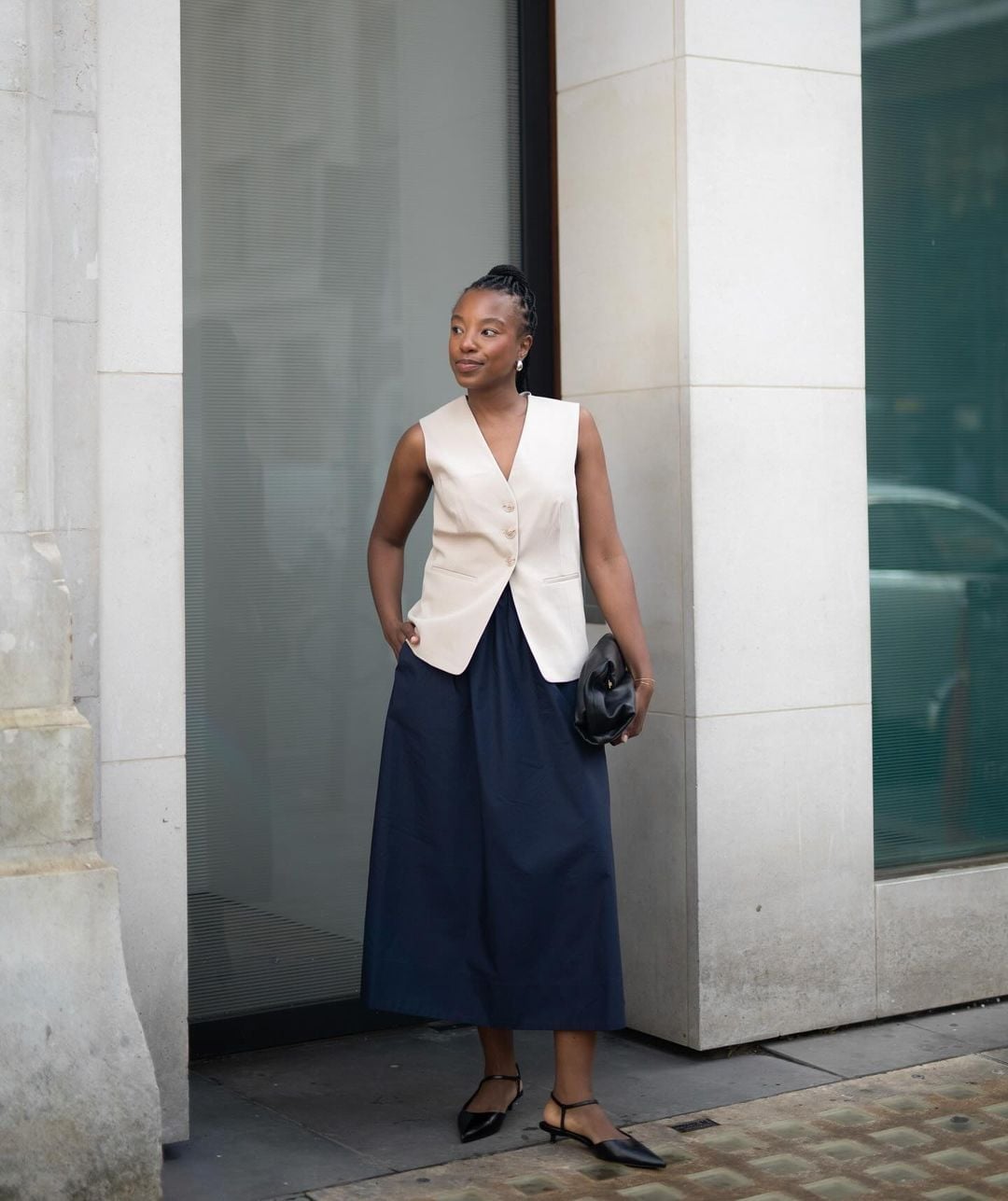 Navy A-Line Midi Skirt With Tailored Vest Navy A-Line Midi Skirt With Tailored Vest — Classy Skirt Outfits