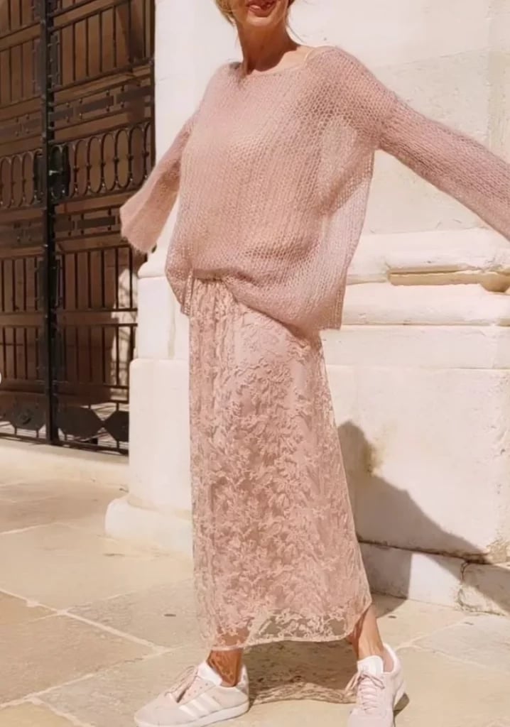Pale Pink Lace Midi Skirt With Sheer Sweater Pale Pink Lace Midi Skirt With Sheer Sweater — Classy Skirt Outfits