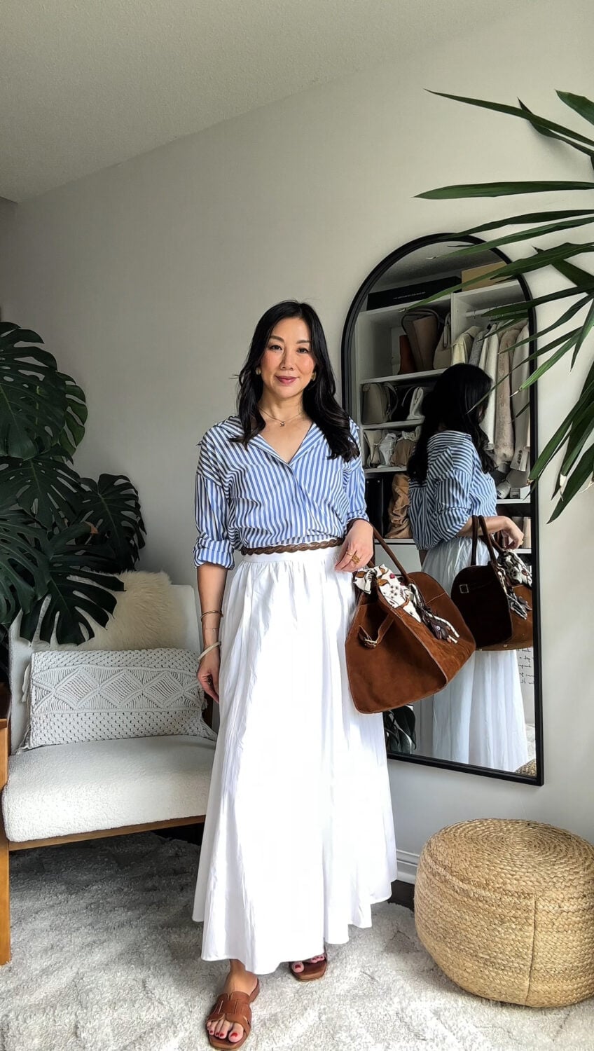 White Flowing Maxi Skirt With Striped Shirt White Flowing Maxi Skirt With Striped Shirt — Classy Skirt Outfits