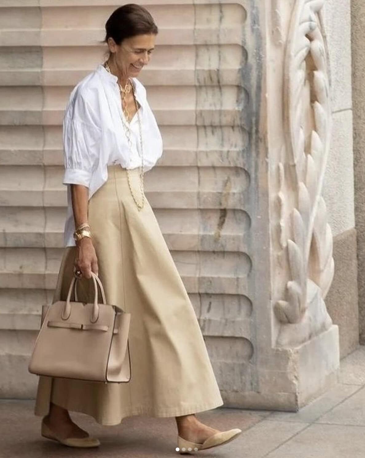 Beige A-Line Midi Skirt With Puff Sleeves Beige A-Line Midi Skirt With Puff Sleeves — Classy Skirt Outfits