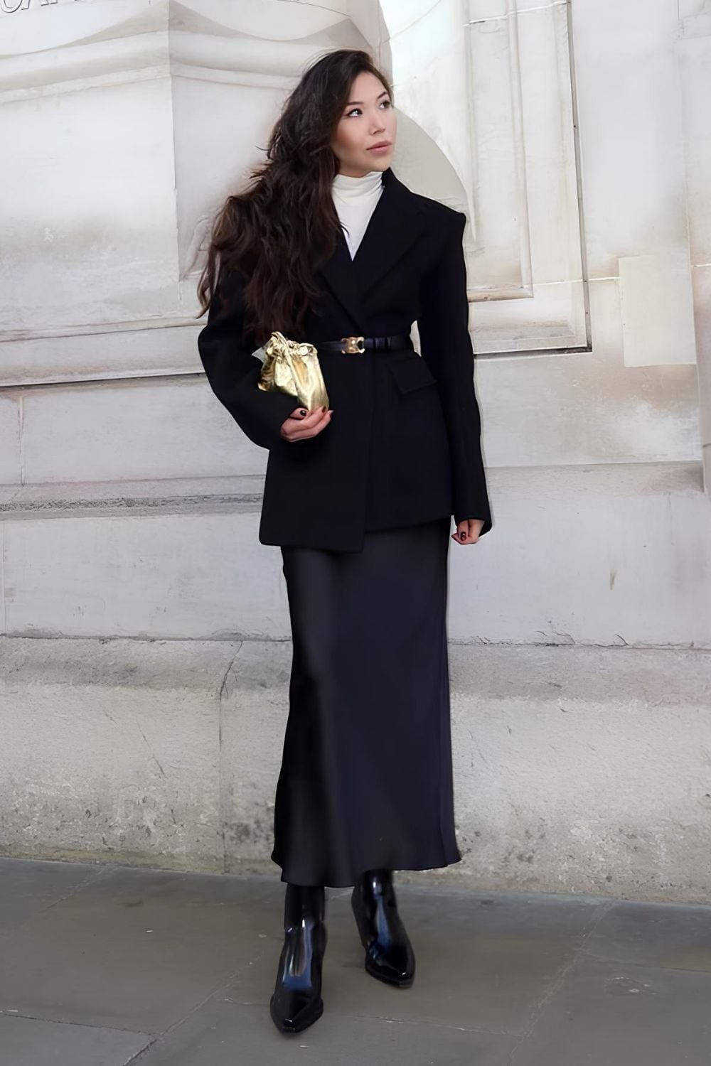 Monochromatic Black Satin Skirt Ensemble Monochromatic Black Satin Skirt Ensemble — Classy Skirt Outfits
