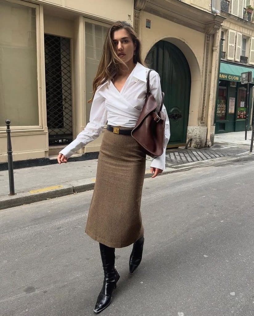 Brown Wool Blend Midi Skirt for Workwear Brown Wool Blend Midi Skirt for Workwear — Classy Skirt Outfits