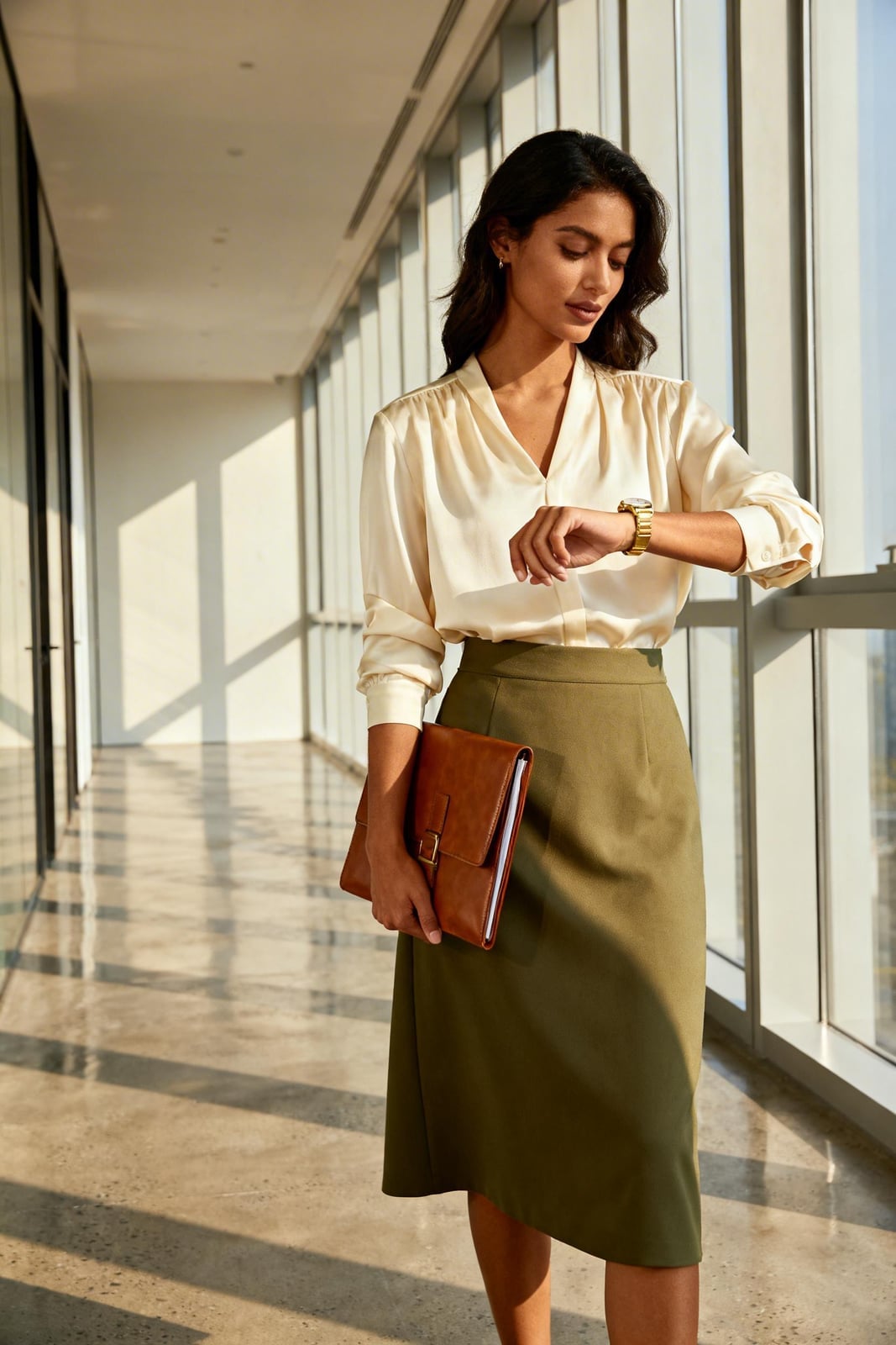 Olive Green Pencil Skirt in an Office Setting Olive Green Pencil Skirt in an Office Setting — Classy Skirt Outfits