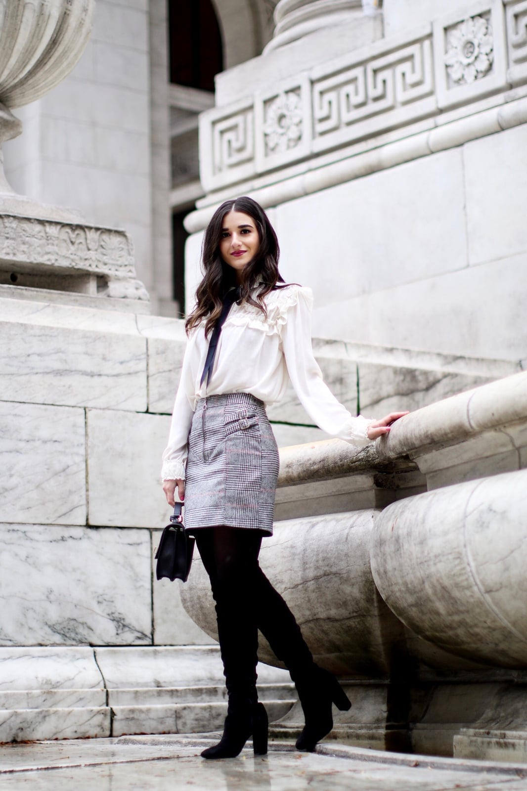 Grey Plaid Mini Skirt With Ruffled Blouse Grey Plaid Mini Skirt With Ruffled Blouse — Classy Skirt Outfits