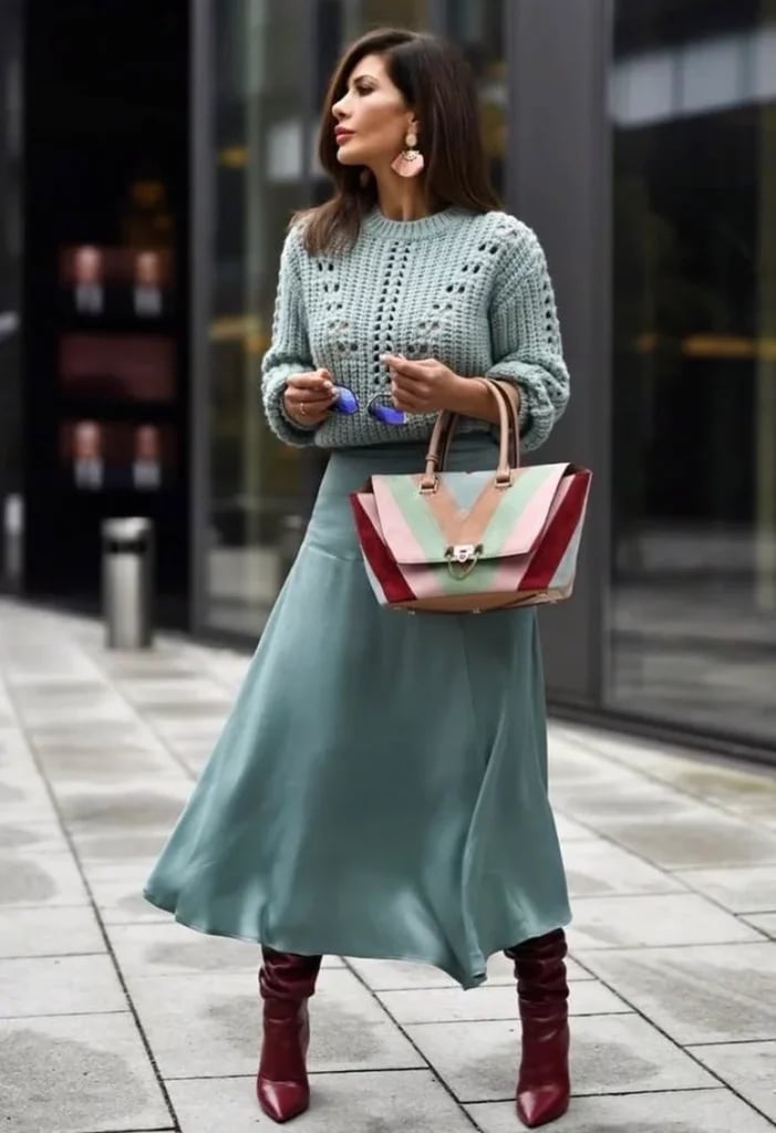 Teal Satin Midi Skirt With Chunky Knit Teal Satin Midi Skirt With Chunky Knit — Classy Skirt Outfits