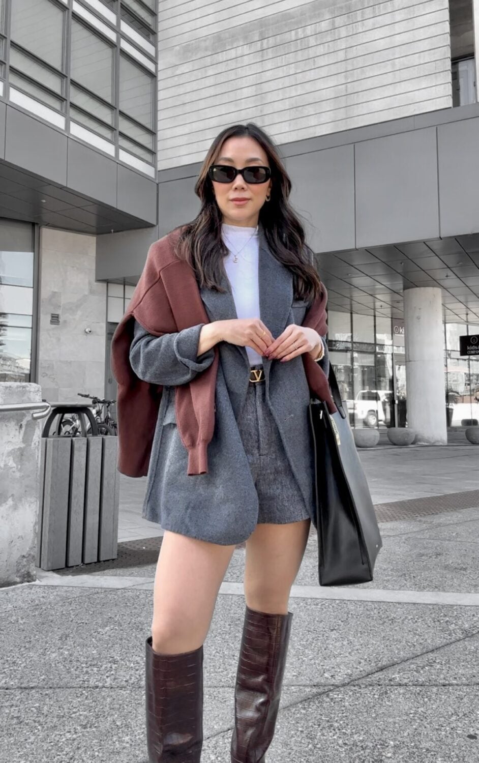 Grey Tailored Skort with Oversized Blazer and Draped Sweater Grey Tailored Skort with Oversized Blazer and Draped Sweater — Classy Skort Outfits