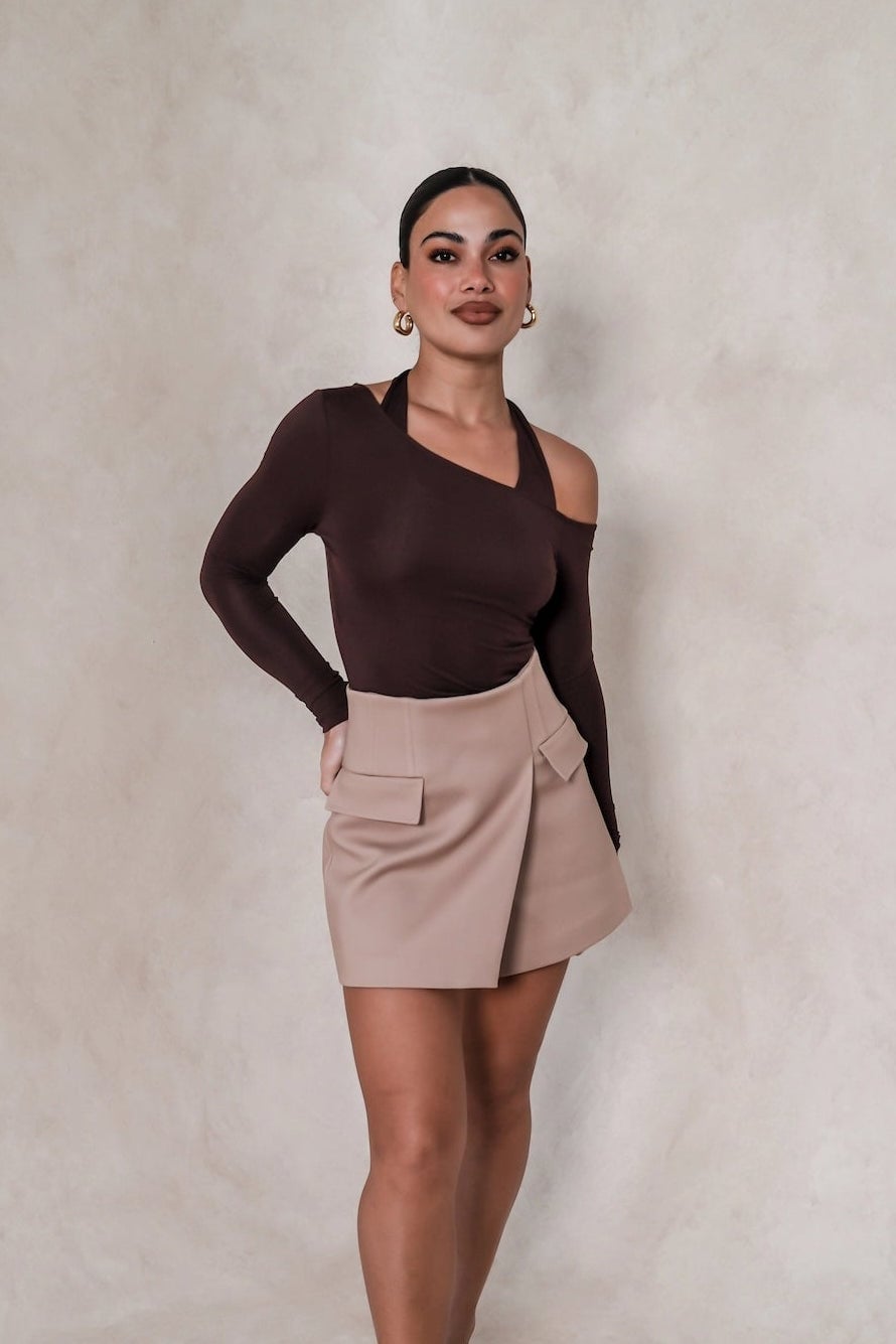 Beige Tailored Skort with Asymmetrical Top Beige Tailored Skort with Asymmetrical Top — Classy Skort Outfits