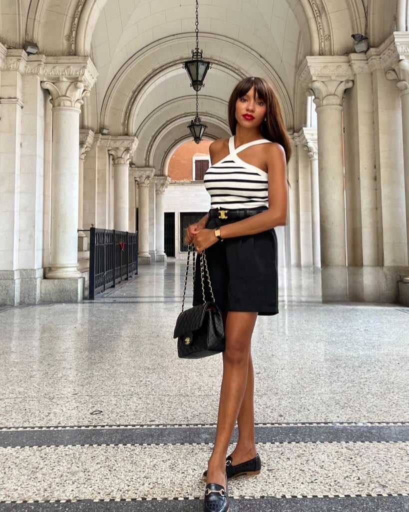 Black Shorts with Off-Shoulder Striped Top for Evening Black Shorts with Off-Shoulder Striped Top for Evening — Classy Skort Outfits