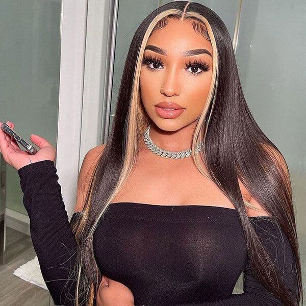 Mid-Back Straight Black With Face-Framing Blonde and Curtain Bangs Mid-Back Straight Black With Face-Framing Blonde and Curtain Bangs — Classy Skunk Stripe Hair