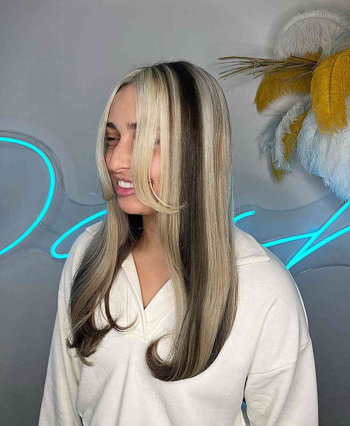 Mid-Back Wavy Dark Brown With Blonde Stripes Side View Mid-Back Wavy Dark Brown With Blonde Stripes Side View — Classy Skunk Stripe Hair