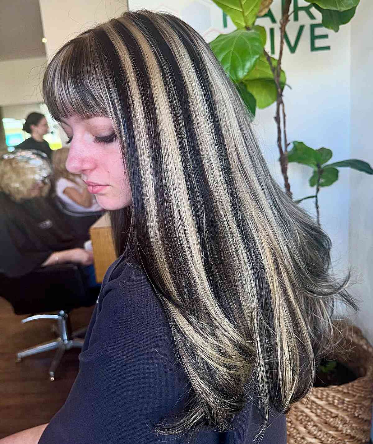 Mid-Back Straight Dark With Platinum Stripes Side View Mid-Back Straight Dark With Platinum Stripes Side View — Classy Skunk Stripe Hair