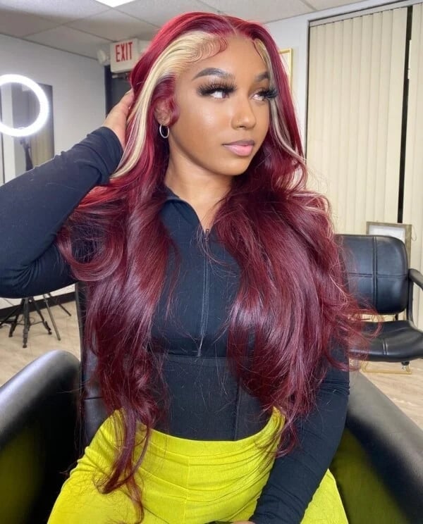 Mid-Back Wavy Dark Red With Blonde Money Piece Mid-Back Wavy Dark Red With Blonde Money Piece — Classy Skunk Stripe Hair