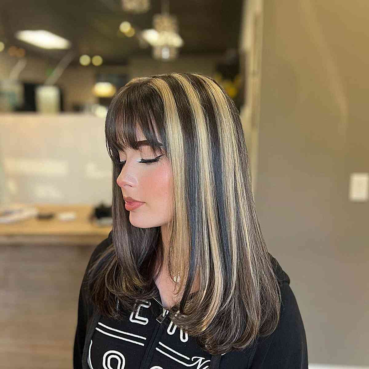 Mid-Back Dark Brown With Thick Blonde Stripes and Blunt Bangs Mid-Back Dark Brown With Thick Blonde Stripes and Blunt Bangs — Classy Skunk Stripe Hair