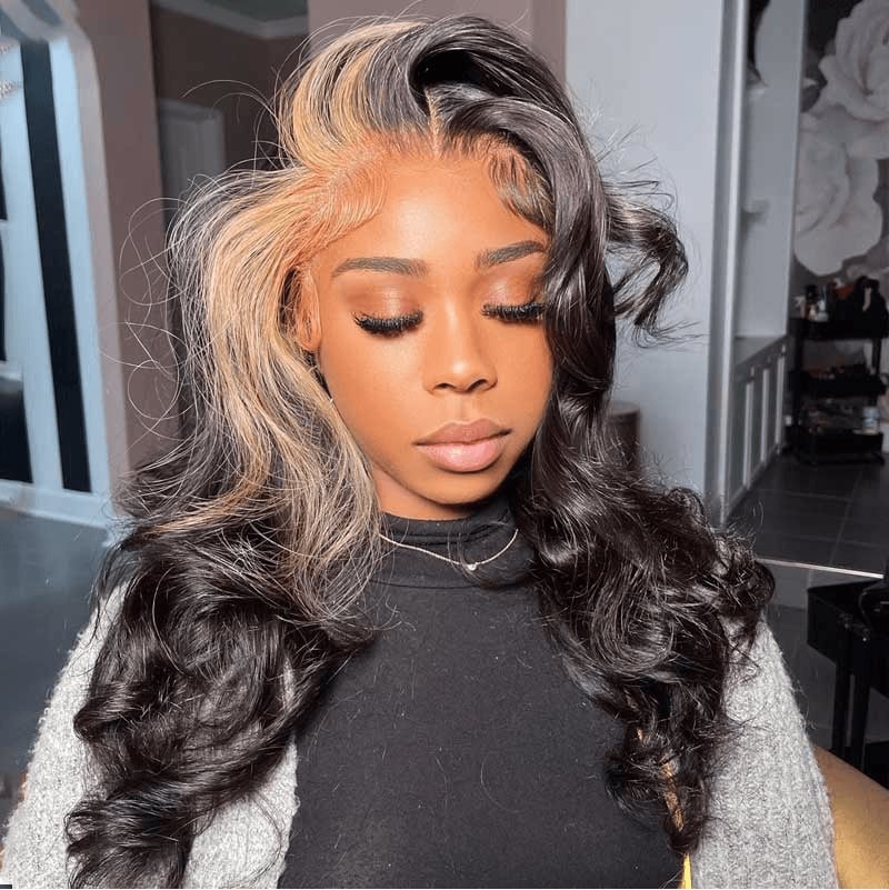 Collarbone Wavy Black With Blonde Face-Framing Collarbone Wavy Black With Blonde Face-Framing — Classy Skunk Stripe Hair