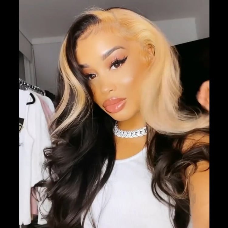 Mid-Back Wavy Black With Asymmetrical Platinum Mid-Back Wavy Black With Asymmetrical Platinum — Classy Skunk Stripe Hair