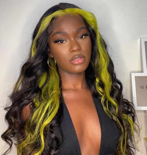 Mid-Back Wavy Dark Brown With Neon Green Stripes Mid-Back Wavy Dark Brown With Neon Green Stripes — Classy Skunk Stripe Hair