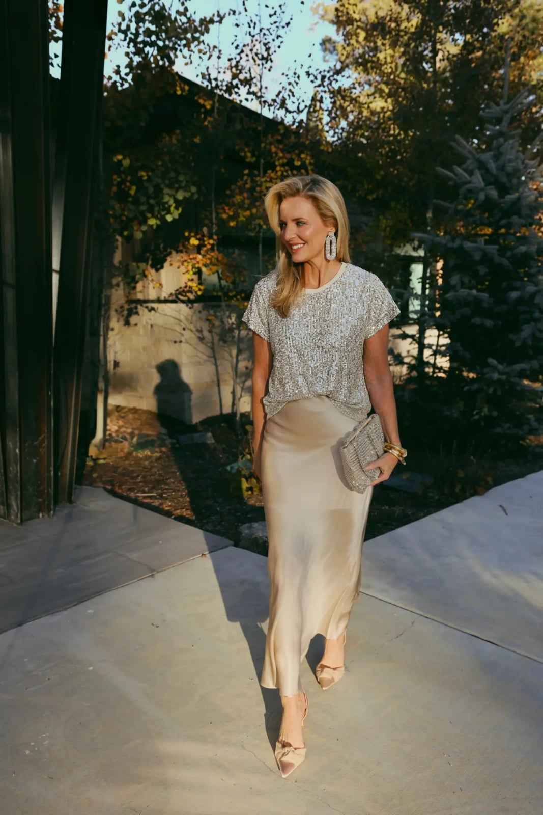 Champagne Satin Skirt with Sequined Top Champagne Satin Skirt with Sequined Top — Classy Slip Skirt Outfits