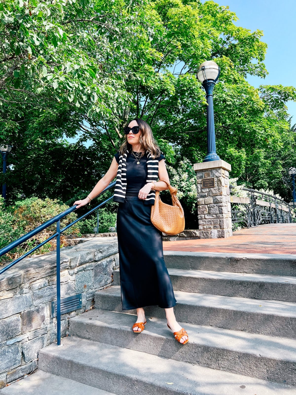Black Maxi Skirt with Striped Vest and T-Shirt Black Maxi Skirt with Striped Vest and T-Shirt — Classy Slip Skirt Outfits