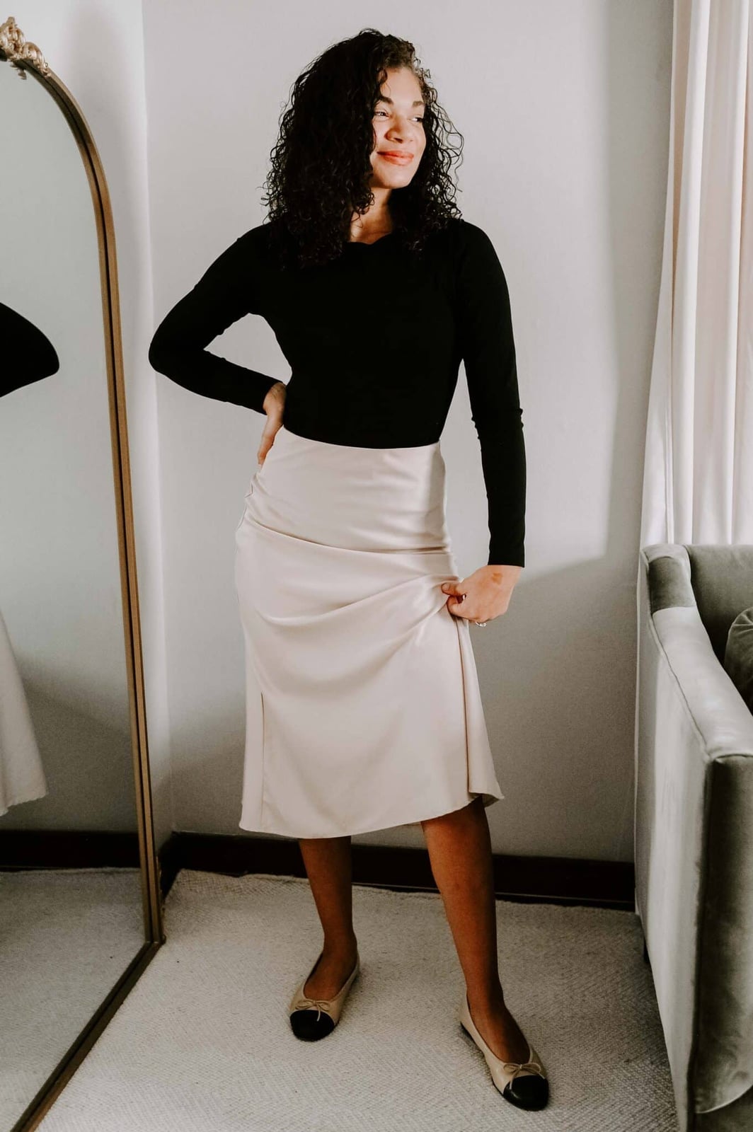 Beige Satin Skirt with Black Long-Sleeve Top Beige Satin Skirt with Black Long-Sleeve Top — Classy Slip Skirt Outfits