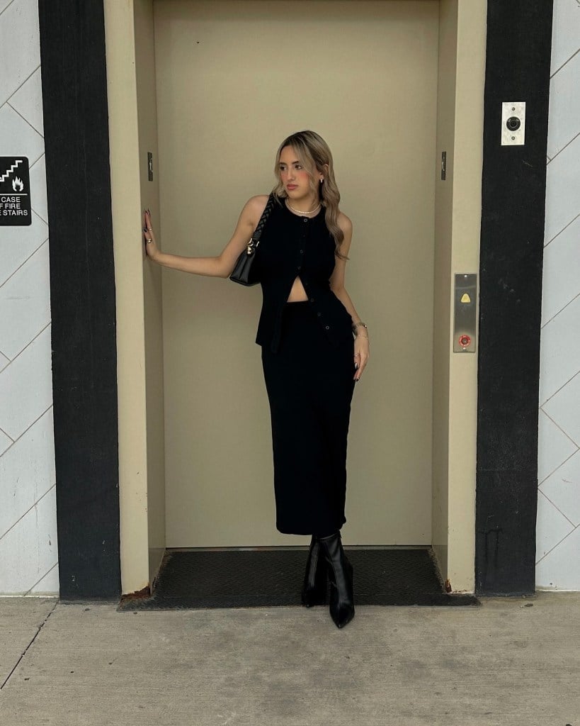 Black Satin Midi Skirt with Vest Top and Pointed Boots Black Satin Midi Skirt with Vest Top and Pointed Boots — Classy Slip Skirt Outfits