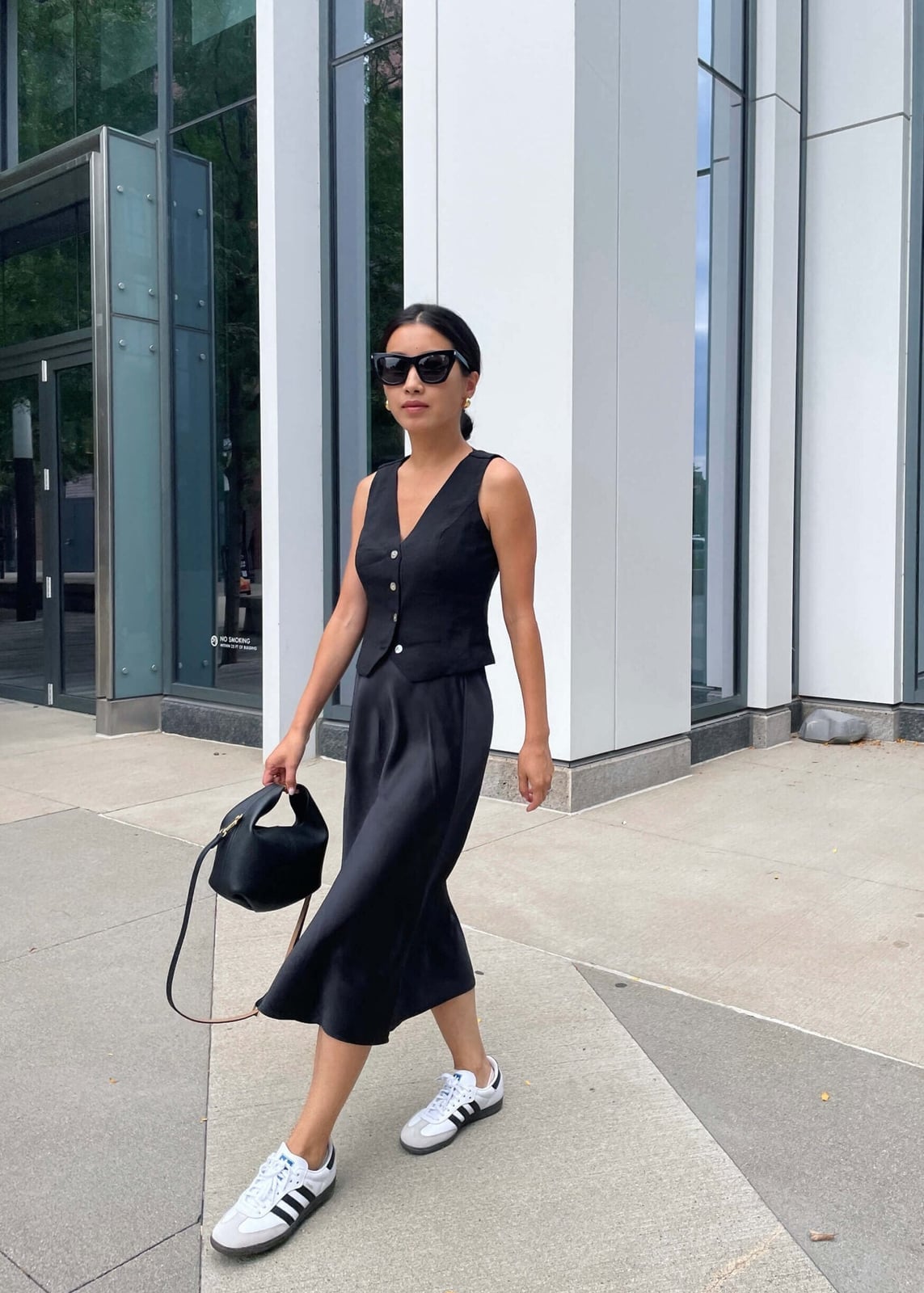 Black Slip Skirt with Vest and Sneakers Black Slip Skirt with Vest and Sneakers — Classy Slip Skirt Outfits